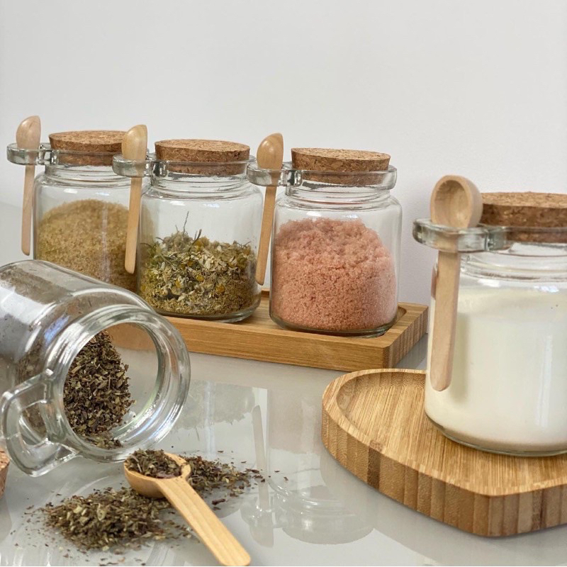 Pote de Vidro com Colher em Bambu e Tampa Rolha 240ml Lyor - Saleiro e Porta Condimento Mantimento