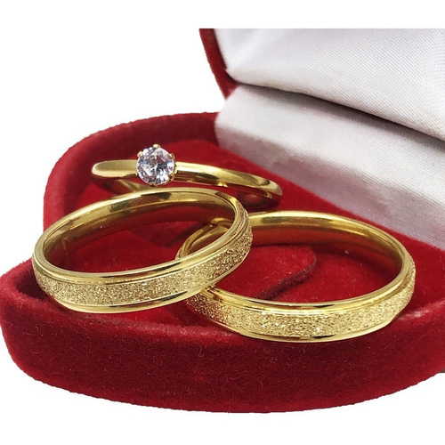 Par de Alianças de Noivado Jateada Banhada  Fina 4mm Dourada + Anel Solitário Pedra Zircônia em Oferta na Shopee