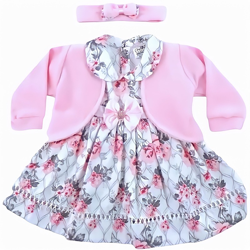 Vestido Bebe com Bolero e Tiara 100% Algodão Imperial Rosa Roupa de Bebê Menina - MUNDO NINA KIDS