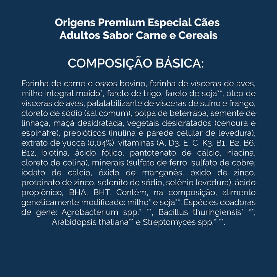Detalhes do Ração Seca Origens Premium Especial Carne e Cereais Cães Adultos 3kg