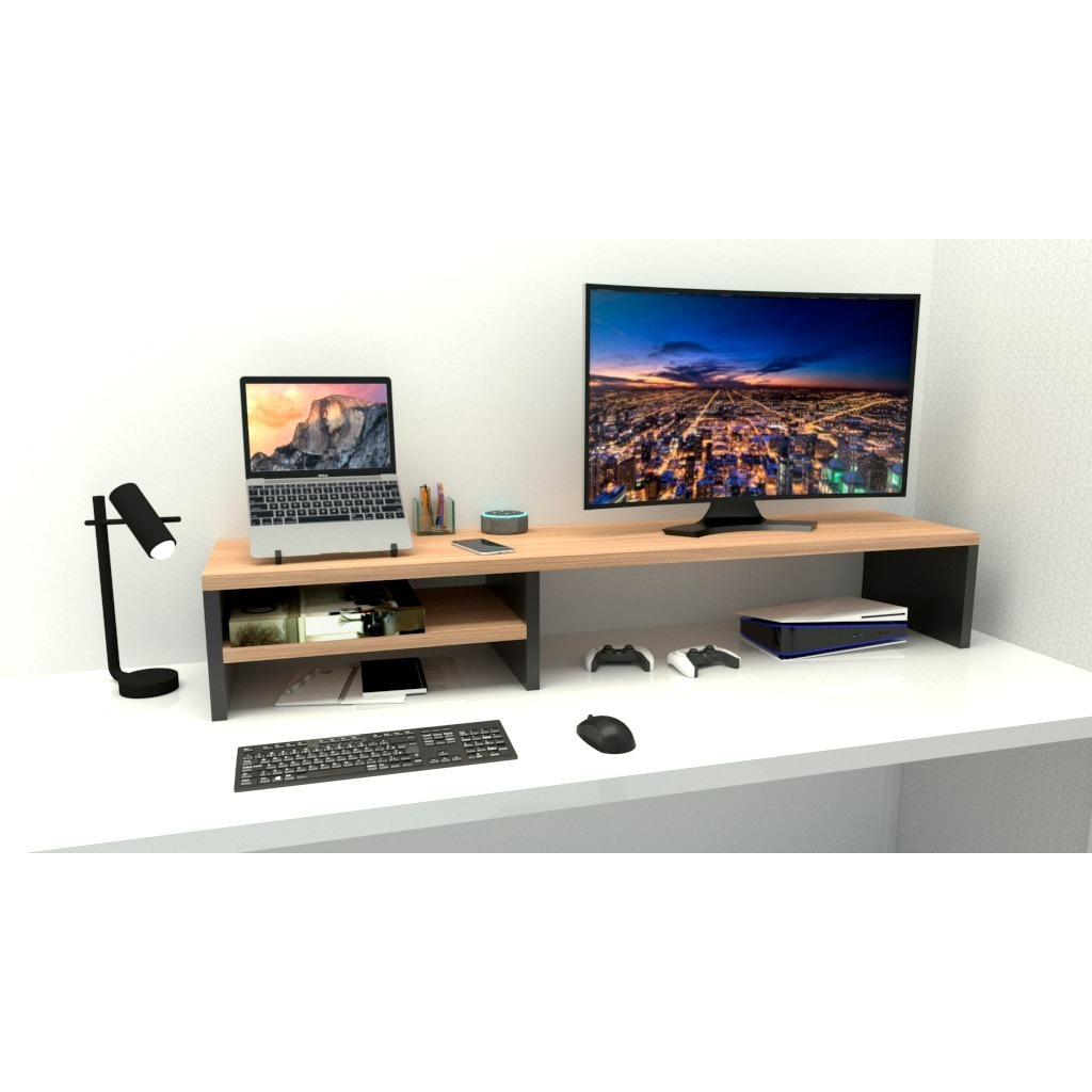 Base Suporte Monitor 90x20x15 Mdf Carvalho Pés Preto
