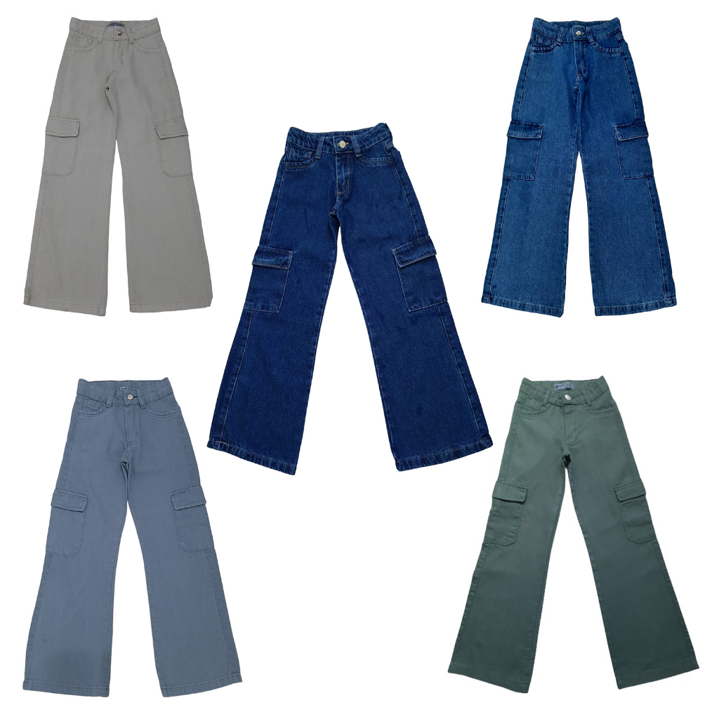 Calça Jeans Cargo Wide Leg Pantalona collor infantil juvenil