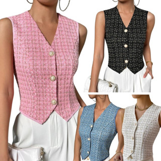 Colete Blusa Tweed Xadrez Brilho Elegante Alta Tendência Moda Europa