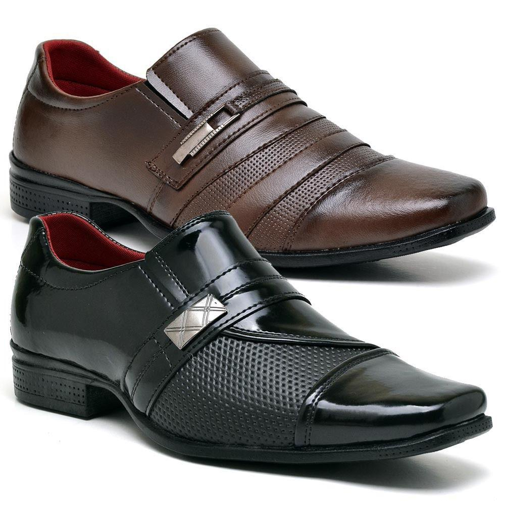 Kit 2 Pares Sapato Social Masculino Marrom Preto Verniz Moderno Confortável Esporte Fino C...