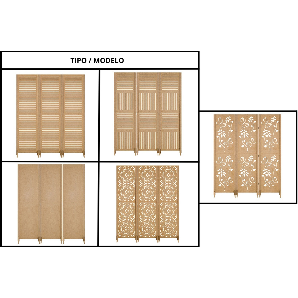 3 Biombo Repartido Folha Madeira Mdf Divisor De Ambiente Painel Separador Divisória Vazado Liso Fechado Horizontal