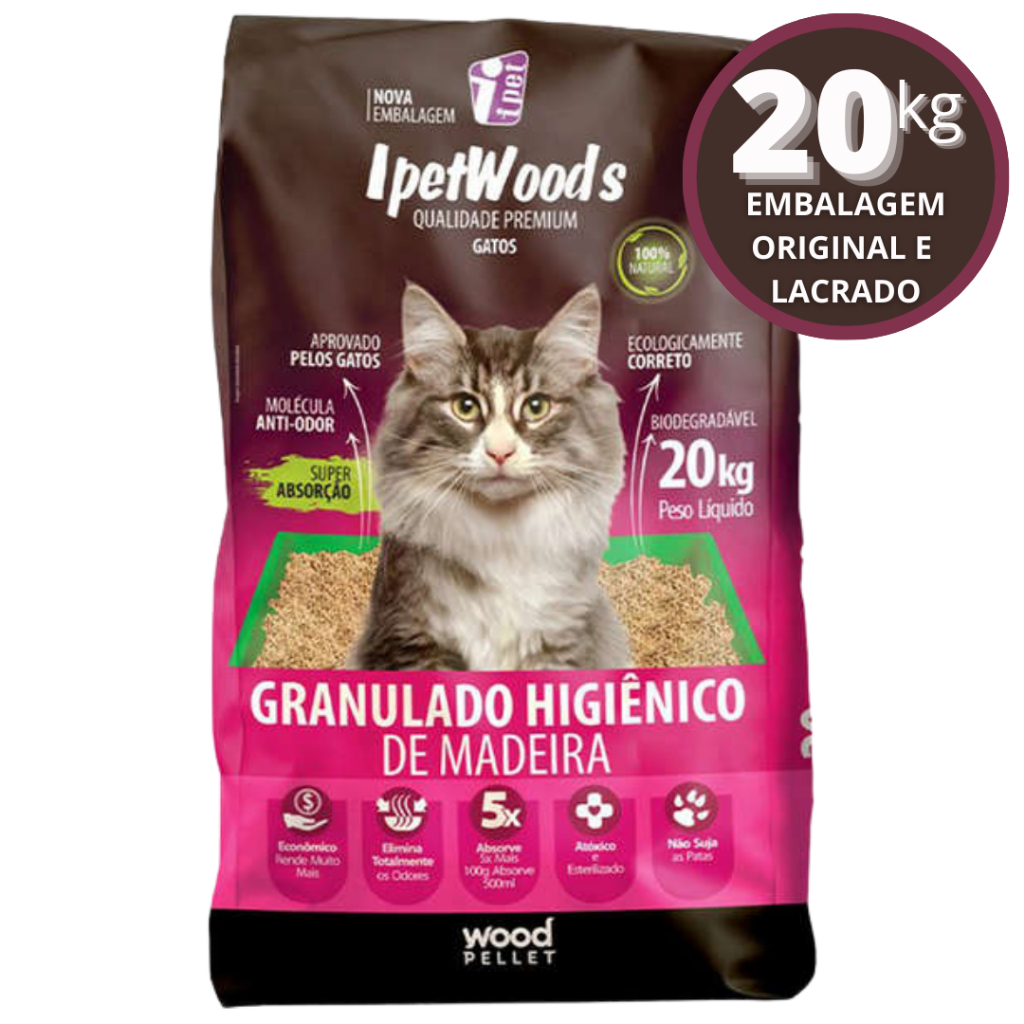 Granulado Higiênico De Madeira Biodegradável Para Gatos IpetWoods 20kg