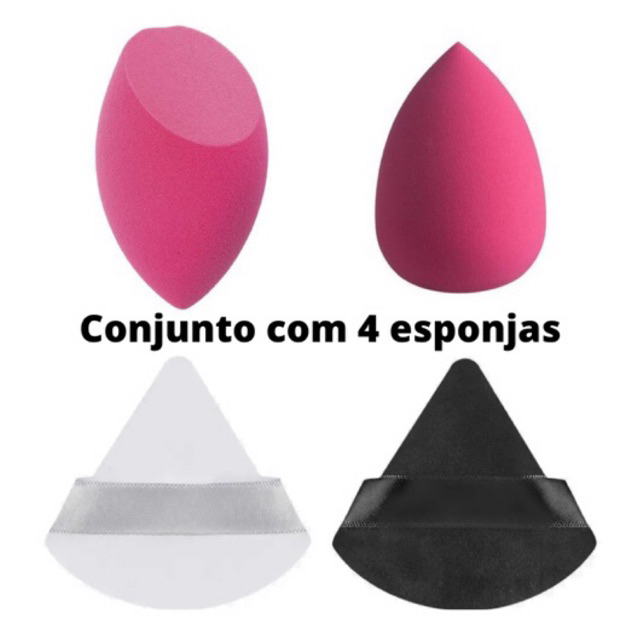 conjunto com 4 esponjas sendo 2 de base ( gota e chanfrada) e 2 de pó triângulo de veludo para maquiagem facial