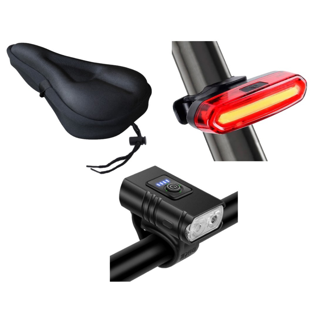 Acessórios Bike Lanterna frontal + Protetor Banco Bike Gel + Sinalizador Traseiro LED