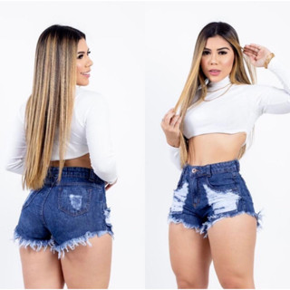 Shorts Jeans Feminino Curto Detonado Cintura Alta Destroyed Hot Pants Desfiado Rasgado Rasgadinho Blogueira