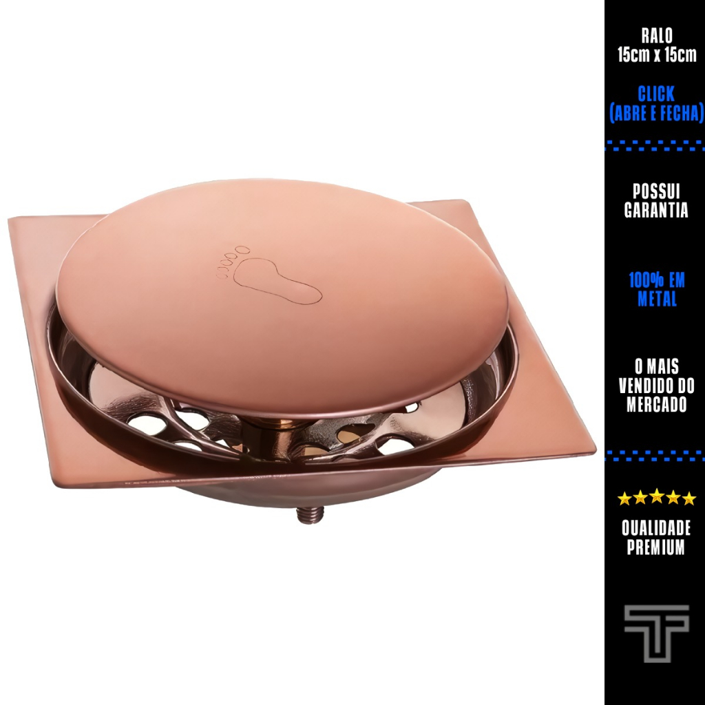 Ralo Click De Aço Inox Rosé Gold 15cmx15cm Banheiro Abre e Fecha