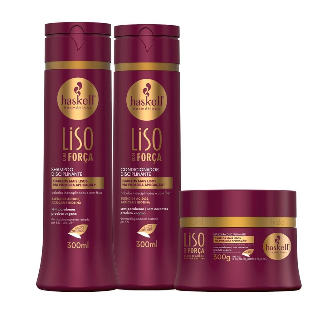 Kit Haskell Liso com Força Disciplinante 3  produtos Sh. Cond. Masc. 300g