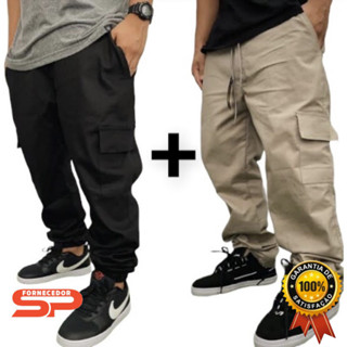 2 Calça Cargo Unissex Masculina Feminina Promoção Larga Preta Bege Cáqui Sarja Moda Skate