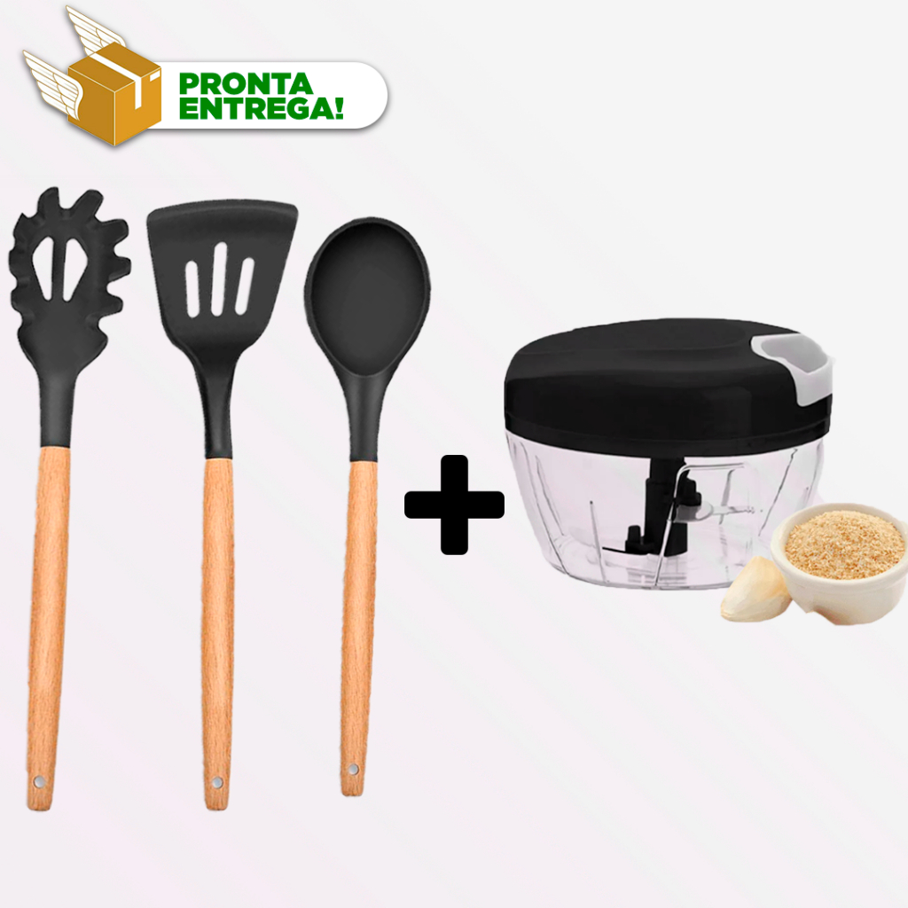 Utensílios Cozinha 3 Peças Kit Silicone Cabo de Madeira Antiaderente Preto + Processador Moedor Manual - cortador e misturador de alimentos linha premium para Alho, cebola e temperos - Kit Receitas e Cozinha