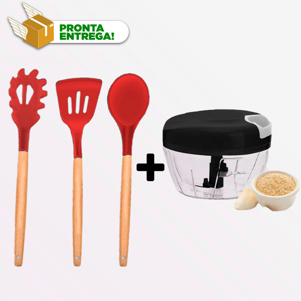 Utensílios Cozinha 3 Peças Kit Silicone Cabo de Madeira Antiaderente Vermelho + Processador Moedor Manual - cortador e misturador de alimentos linha premium para Alho, cebola e temperos - Kit Receitas e Cozinha