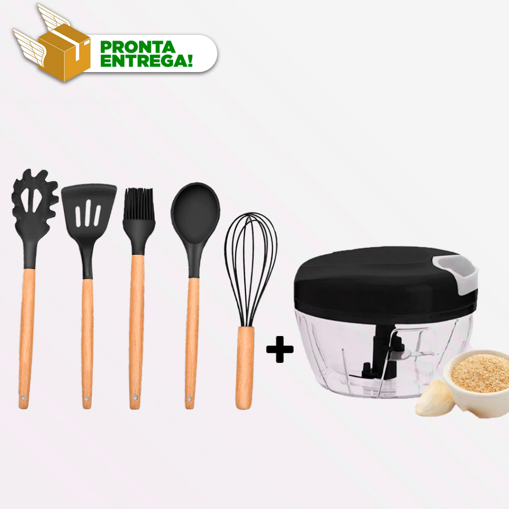 Utensílios Cozinha 5 Peças Kit Silicone Cabo de Madeira Antiaderente Preto + Processador Moedor Manual - cortador e misturador de alimentos linha premium para Alho, cebola e temperos