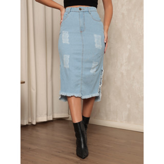 Saia Jeans Secretária Evangélica C/ Botões Cós Alto Lavagem