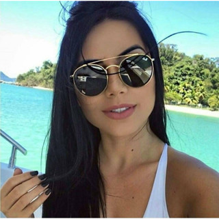 Óculos de sol feminino redondo Double bridge dourado e preto lente de cristal proteção UV400 e acessórios
