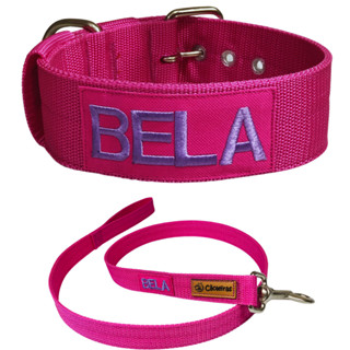 Kit coleira personalizada e guia 120cm para cães de médio e grande porte.