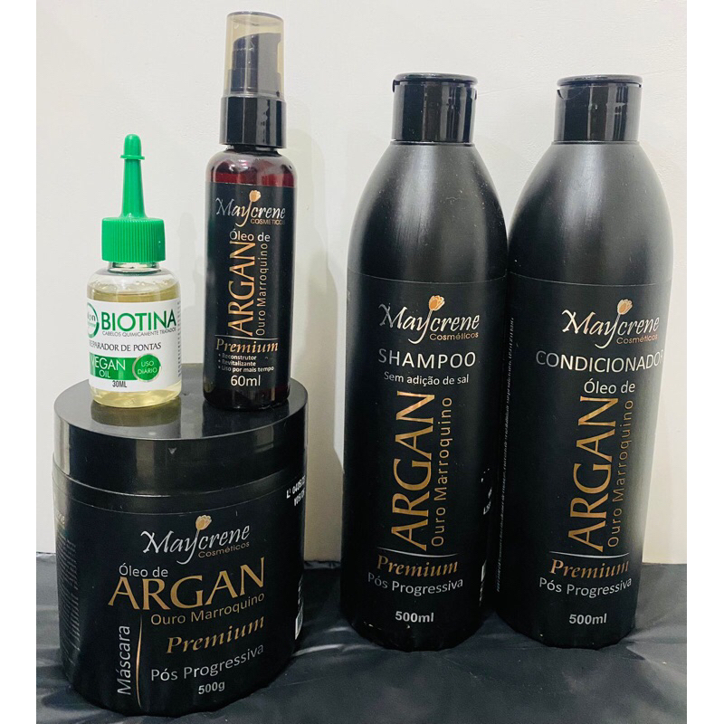 kit argan shampoo condicionador máscara óleo de biotina 30ml+reparador de pontas maycrene 60ml