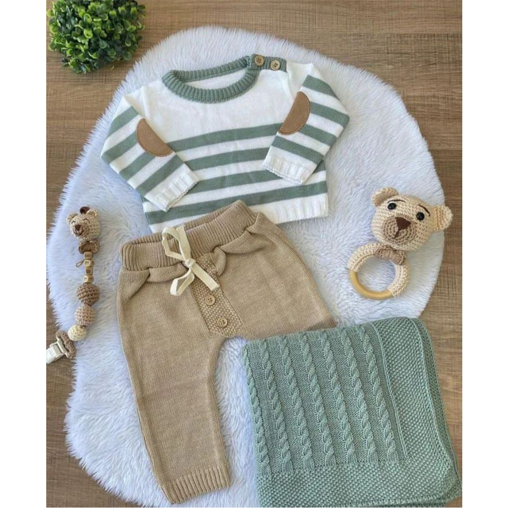 Kit Conjunto Saida Maternidade Tricô Menino Masculino Bebê Casaco Calça em Oferta na Shopee
