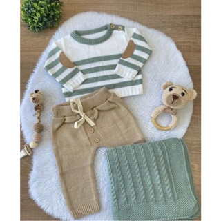 Kit Conjunto Saida Maternidade Tricô Menino Masculino Bebê Casaco Calça em Oferta na Shopee