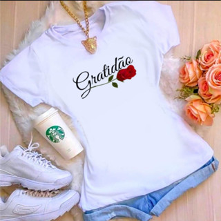 Blusa Feminina Manga Curta Tshirt Camiseta Gratidão Flor Vermelha Baby Look