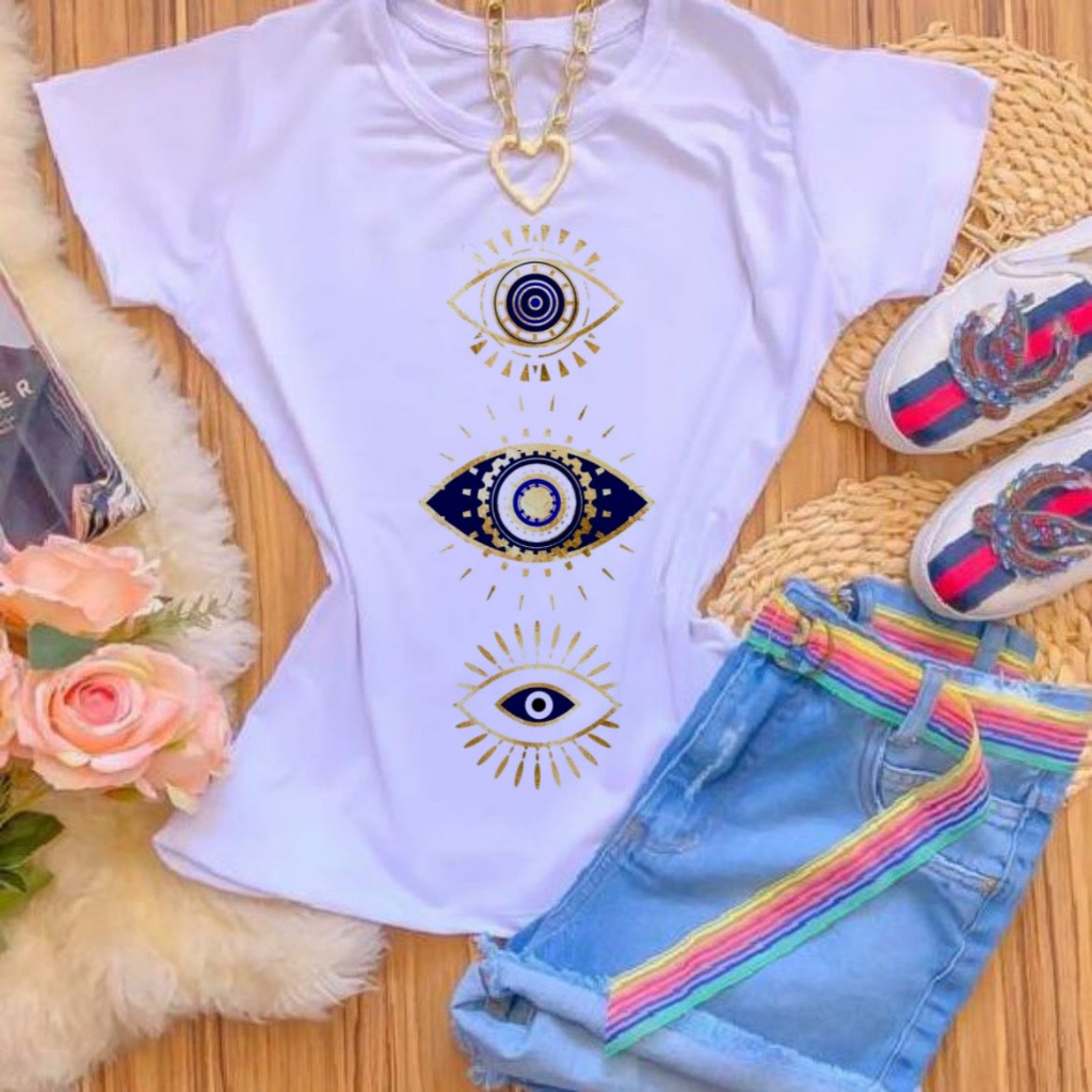 Blusa Feminina Manga Curta Tshirt Camiseta Tshirt Camiseta Três Olhos Gregos