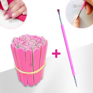 Kit 100 Mini Lixa Unha + 1 Espátula Mista Cutícula Manicure Cutelaria Silicone Empurrador Palito Aço em Oferta na Shopee