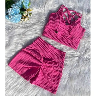Conjunto Academia Short empina Jacquard Access textura ondas top tiras bojo removível Viveza Fitness
