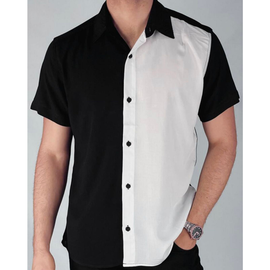 camisa social  manga curta metade preta e branca viscose moda masculina