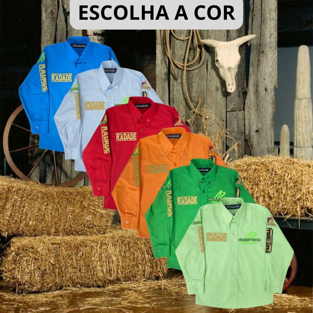 Camisa Infantil Radade Green Team Manga Longa Barretos Bordada Para Crianca Competir no Rodeio 100% Algodão