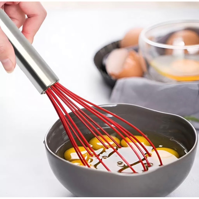 Batedor De Ovos Fouet De Silicone Com Cabo inox 21 cm 25 cm 29 cm off em Oferta na Shopee