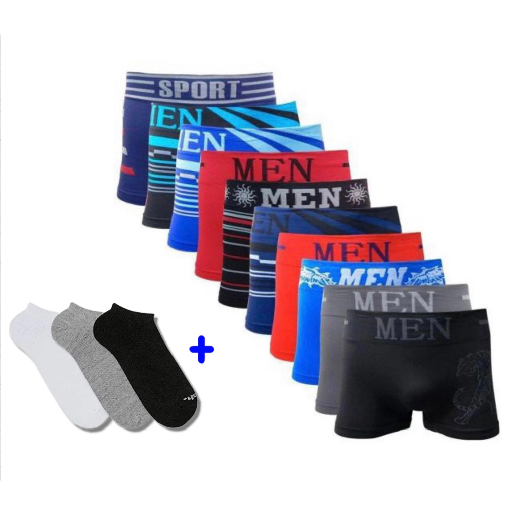 Kit 3 Cuecas Boxer + 6 Pares de Meias Masculina Soquete em Oferta na Shopee