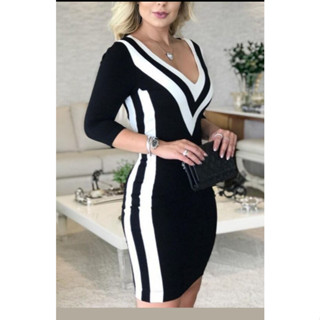 VESTIDOS EVANGÉLICOS SOCIAL TUBINHO PLUS SIZE PRETO E BRANCO MANGA 3/4