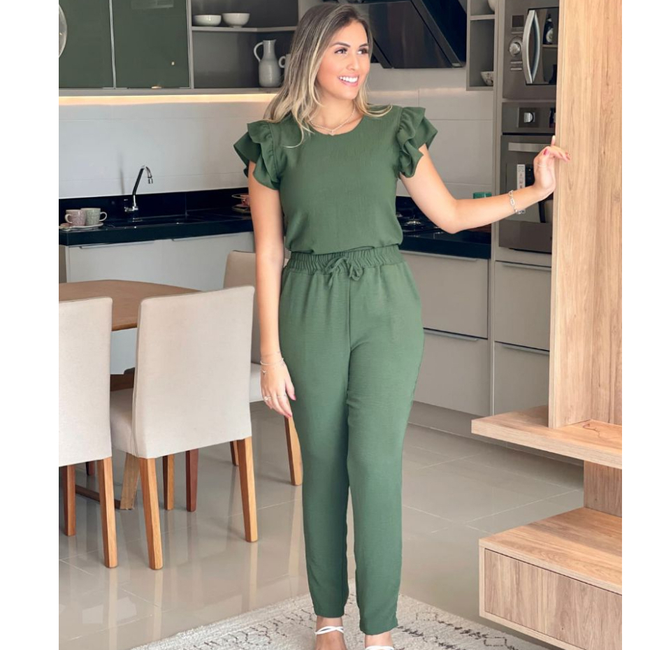 Conjunto Feminino Casual Elegante Blusa Calça em Linho De Algodão Com Babado Na Manga Core...