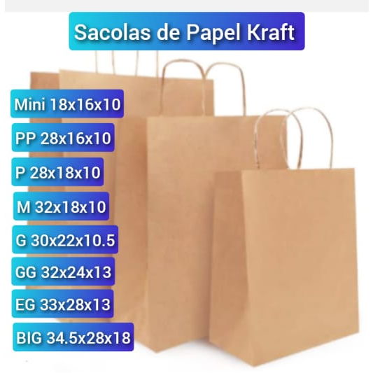 Sacolas de papel kraft Biodegradável, kit com 25 unidades ESCOLHA O TAMANHO em Oferta na Shopee