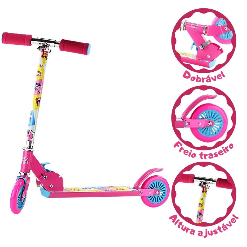 Patinete Infantil 2 Rodas Rosa Dobrável Com Altura Regulável Para Crianças - Mom & Baby