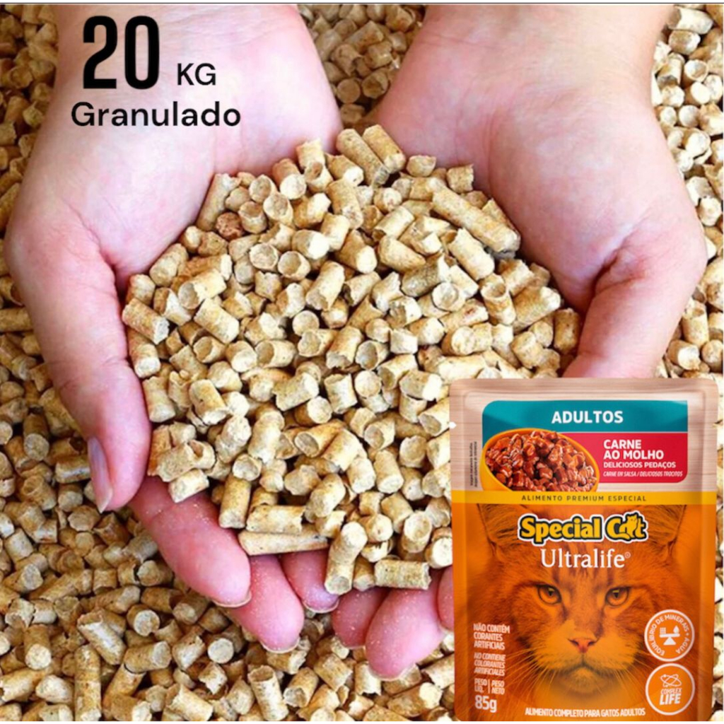 Ração Úmida Special Cat Ultralife para Gatos Adultos Sabor Carne ao Molho 85g + Granulado 20kg Pacotão Pinus de Madeira Linha Premium a GRANEL para Gatos, Roedores, Hamster, Coelhos