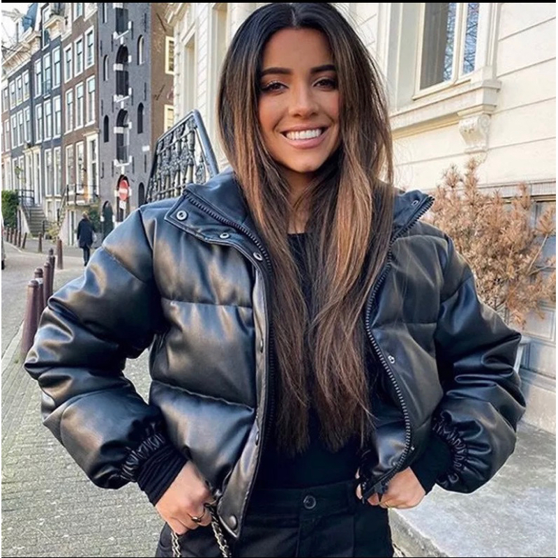 Jaqueta Bomber Puffer Feminina Forrada Couro com Capuz