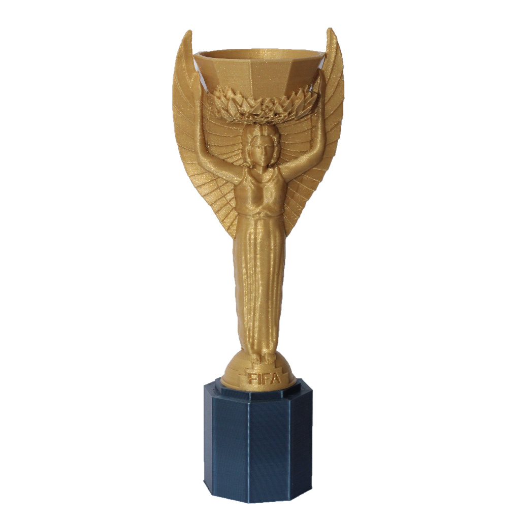 Taça Copa do Mundo Jules Rimet Realista Dourada com Base Azul Tamanho Real.