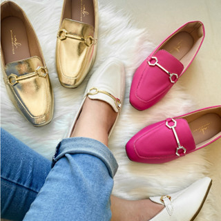 Sapatilha Mocassim Sapato Feminino Confortável Bico Quadrado com Detalhe Metalizado V2