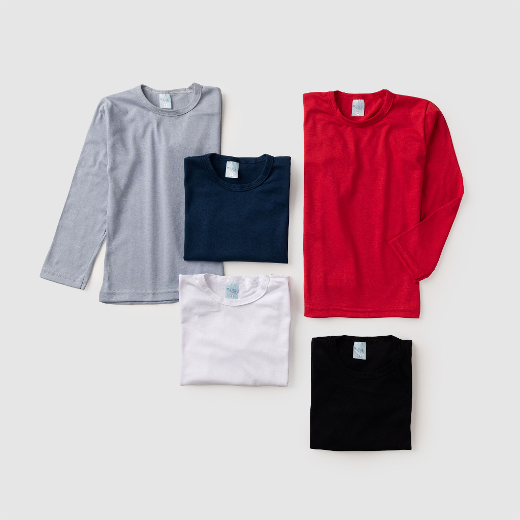 Kit 5 Camisetas Manga Longa Básicas Algodão Infantil Unissex Menino e Menina Roupa De Criança L28