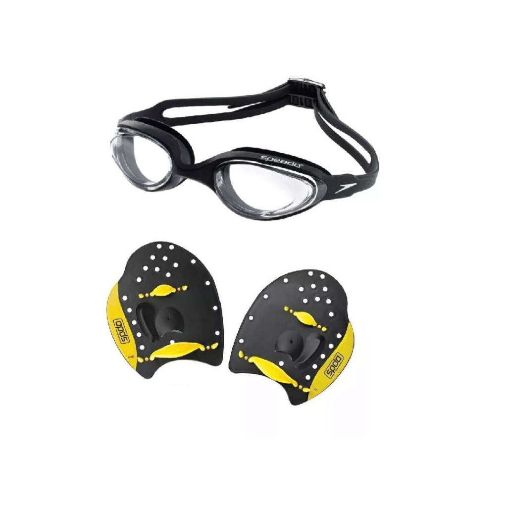 Kit Natação Speedo Óculos Hydrovision Adulto + Palmar Power Paddles Treinamento Fortalecimento