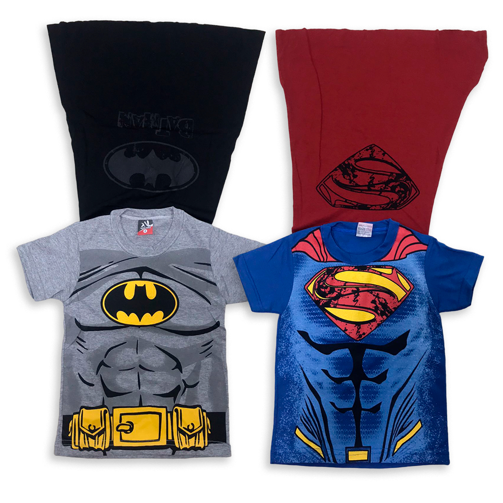 Camiseta Infantil Com Capa Menino Manga Curta Estampada Personagem Super Herói