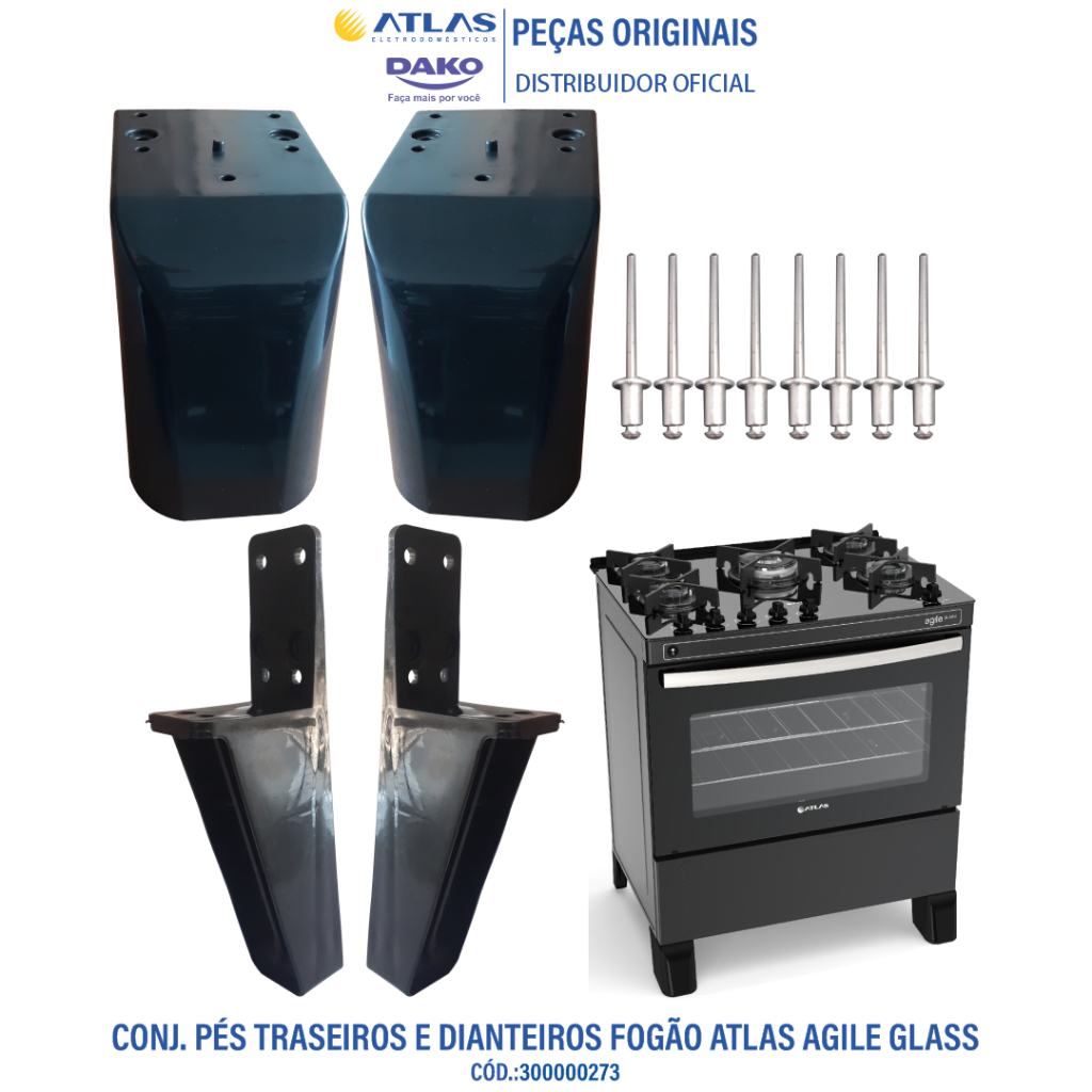 KIT COMPLETO DE PÉS TRASEIROS E DIANTEIROS FOGÃO ATLAS AGILE GLASS 5 BOCAS