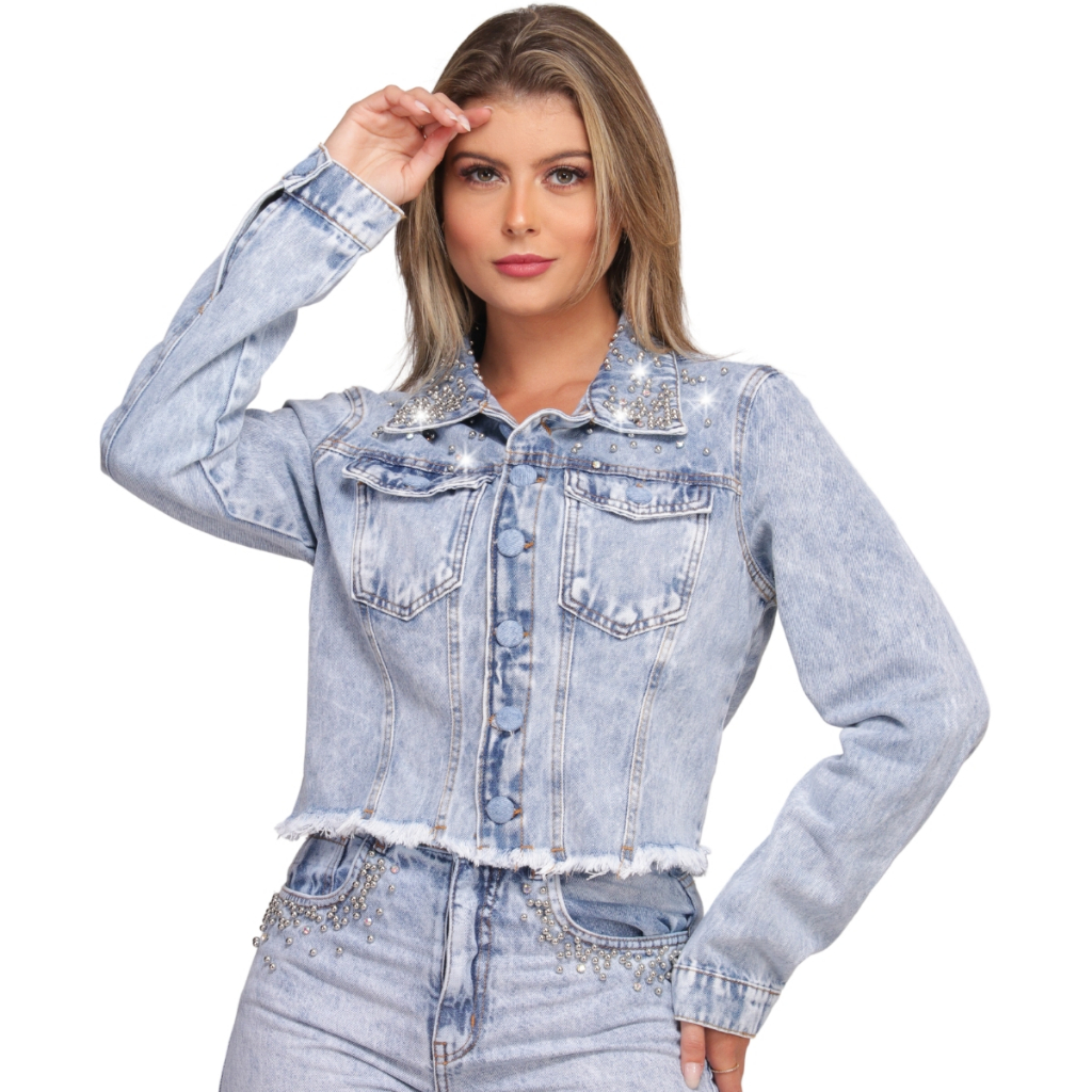 Jaqueta Jeans Feminina Com Pérola Strass Botão Encapado Marmorizada Premium