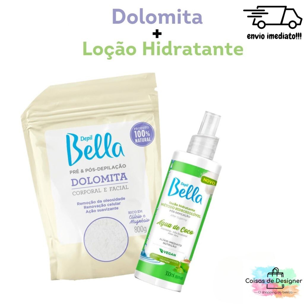 Kit Porcelana Dolomita Corporal e Facial Pré Pós-Depilação 800g + Água de Coco 300ml - Depil Bella