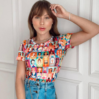 Tshirt Básica Blusa Feminina Camiseta Gola O Malha Suplex Estampada Princesas