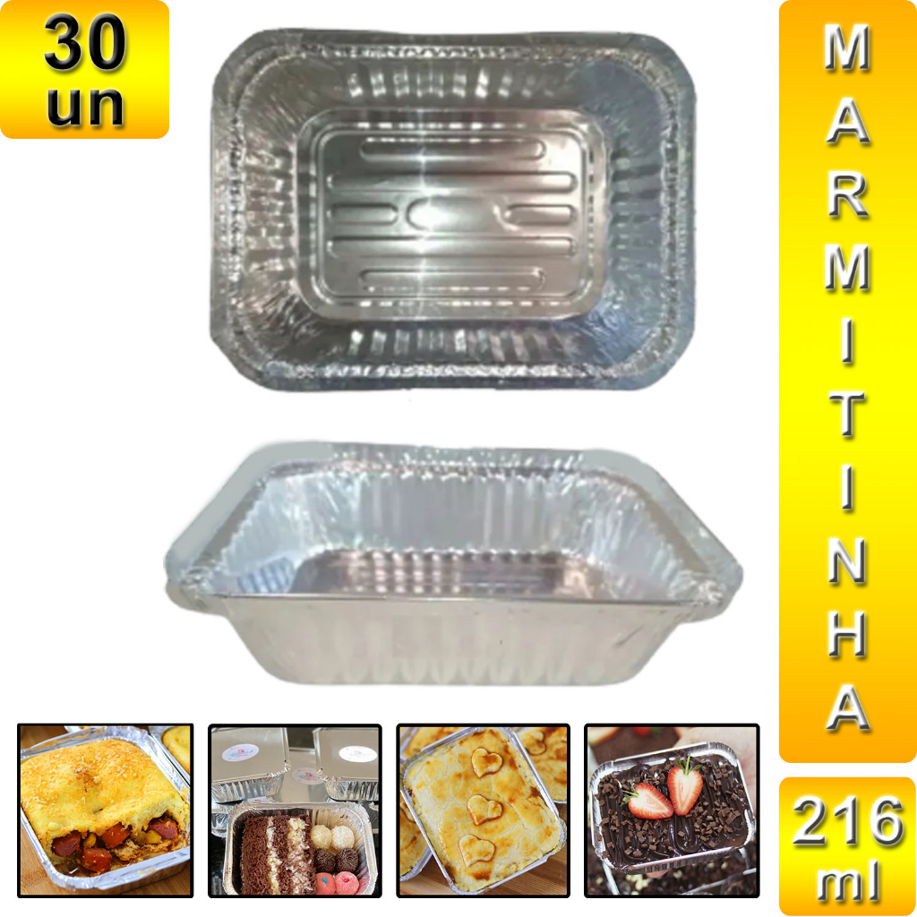 Marmitinha Marmitex Quentinha Bandeja Retangular de Alumínio descartável 216 ml - Kit c/ 30 Unidades