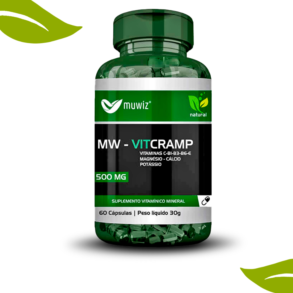 Suplemento MW-Vitcramp Muwiz 60 Cápsulas 500mg (c/ Vitaminas Cálcio Potássio Magnésio) - Super Promoção